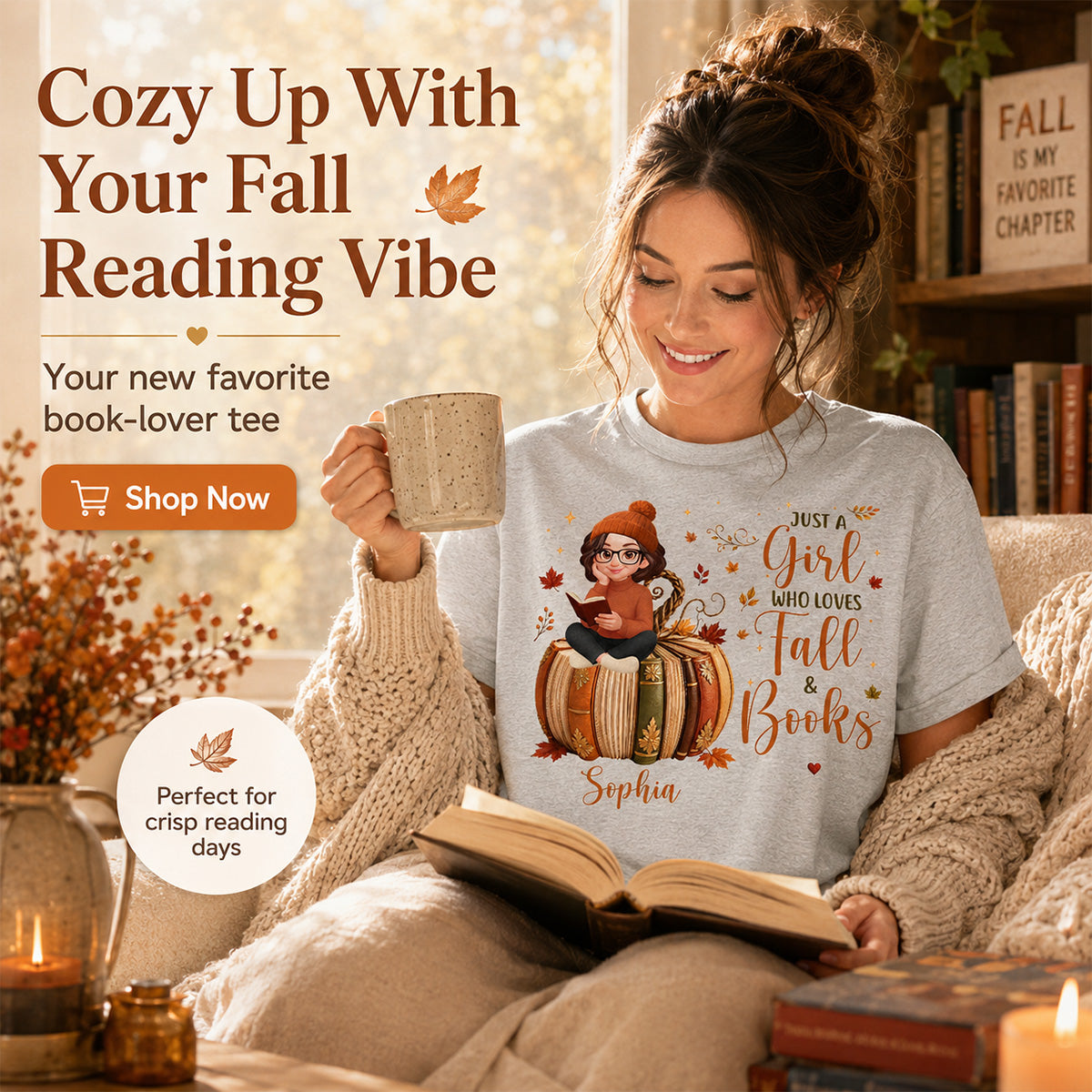 All Booked For Fall Girl Reading Book On Fall Book Pumpkin - Personalized Shirt - Fall Season Gift For Book Lover