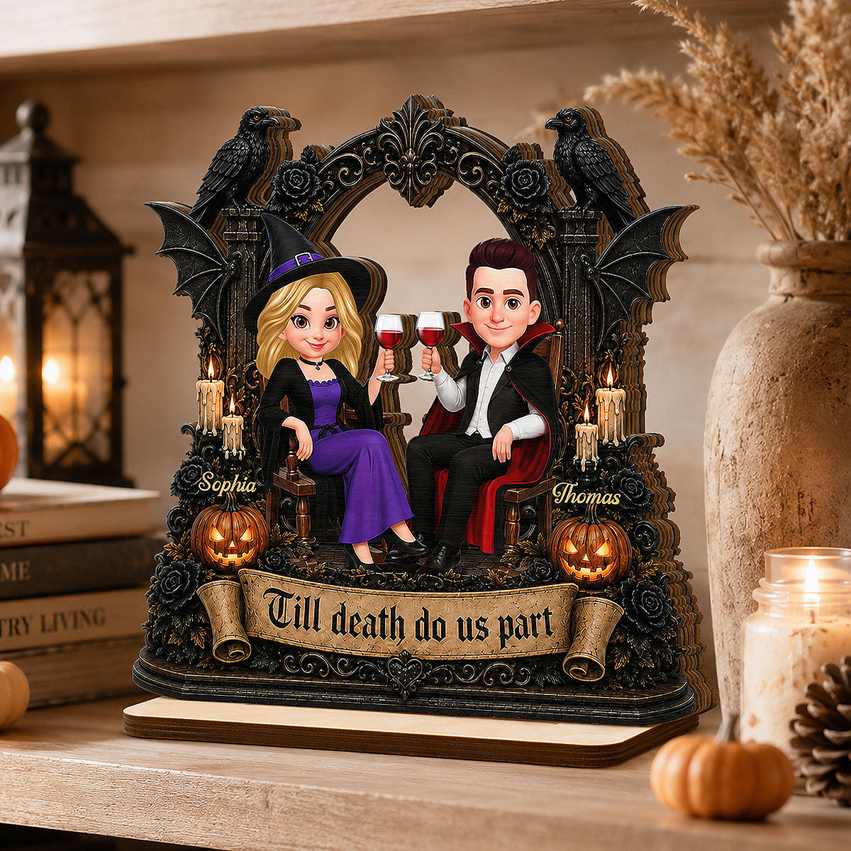Till Death Do Us Part Halloween Couple Sitting 2D Flat - Personalized 2-Layered Wooden Plaque - Halloween Decor For Couple