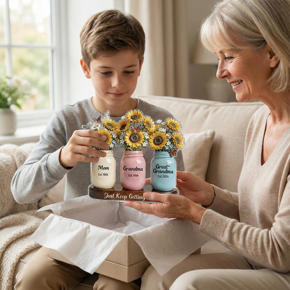 Mom Grandma Great Grandma Sunflowers Jars Est. Years 2D Flat - Personalized Acrylic Block Plaque