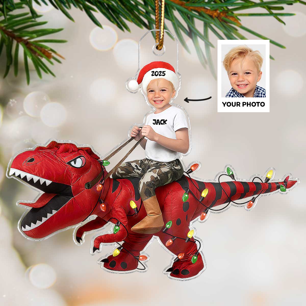 3D Effect Custom Face Kid With Dinosaur - Personalized Acrylic Ornament - Gift For Kids, Granddaughter, Grandson, Daughter, Son
