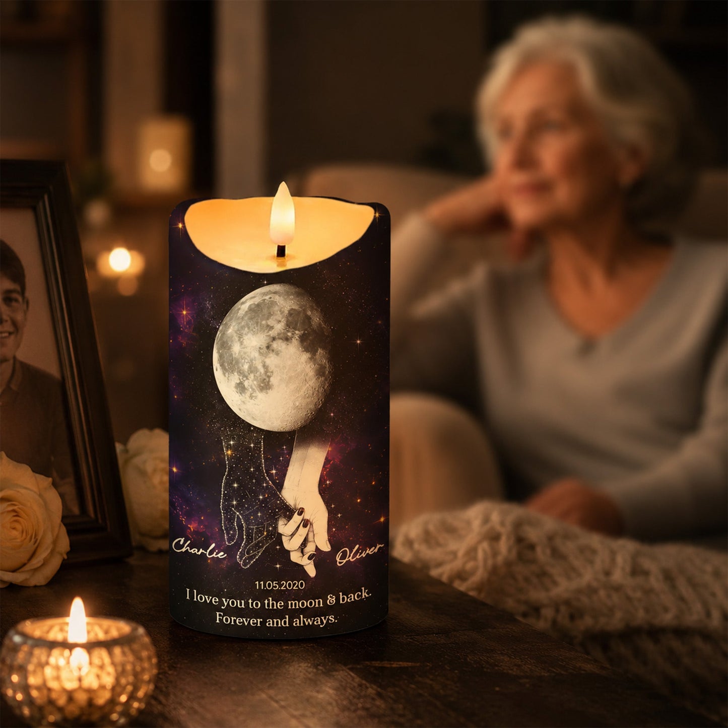 Lost Loved One Holding Hands Moon Phase - Personalized LED Candle - Memorial Gift, Remembrance Keepsake