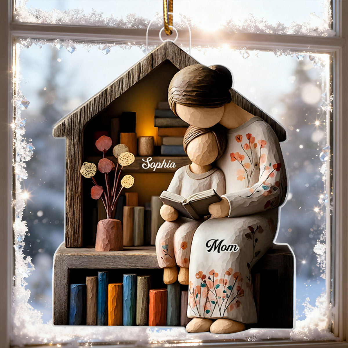 Mom And Daughter Son Reading Book Faux Wood - Personalized Acrylic Ornament - Heartwarming Christmas Gift For Mom, Family