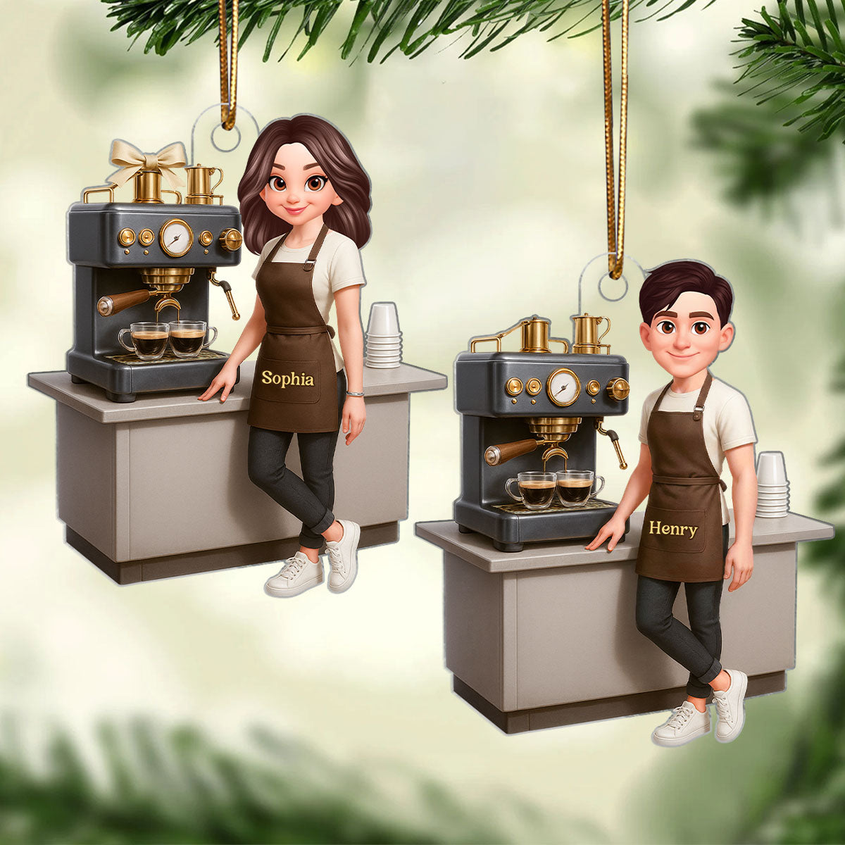 Espresso Machine Coffee Maker Diorama With Cups - Personalized Acrylic Ornament - Gift For Baristas And Coffee Lovers