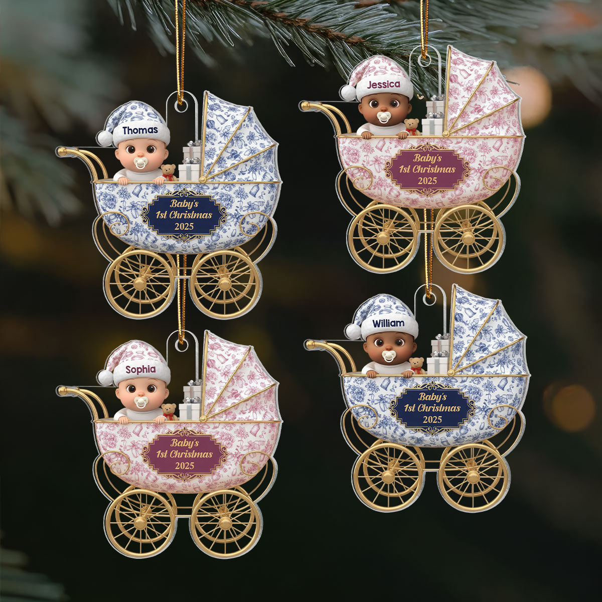 3D Effect Toile De Jouy Pattern Baby Inside Stroller - Personalized Acrylic Ornament - Baby First Christmas Keepsake