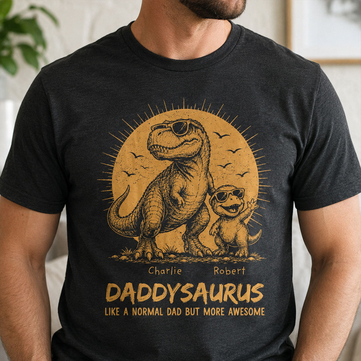 Retro Yellow Vintage Daddysaurus - Personalized Shirt - Funny Father's Day Gift For Dad, Husband