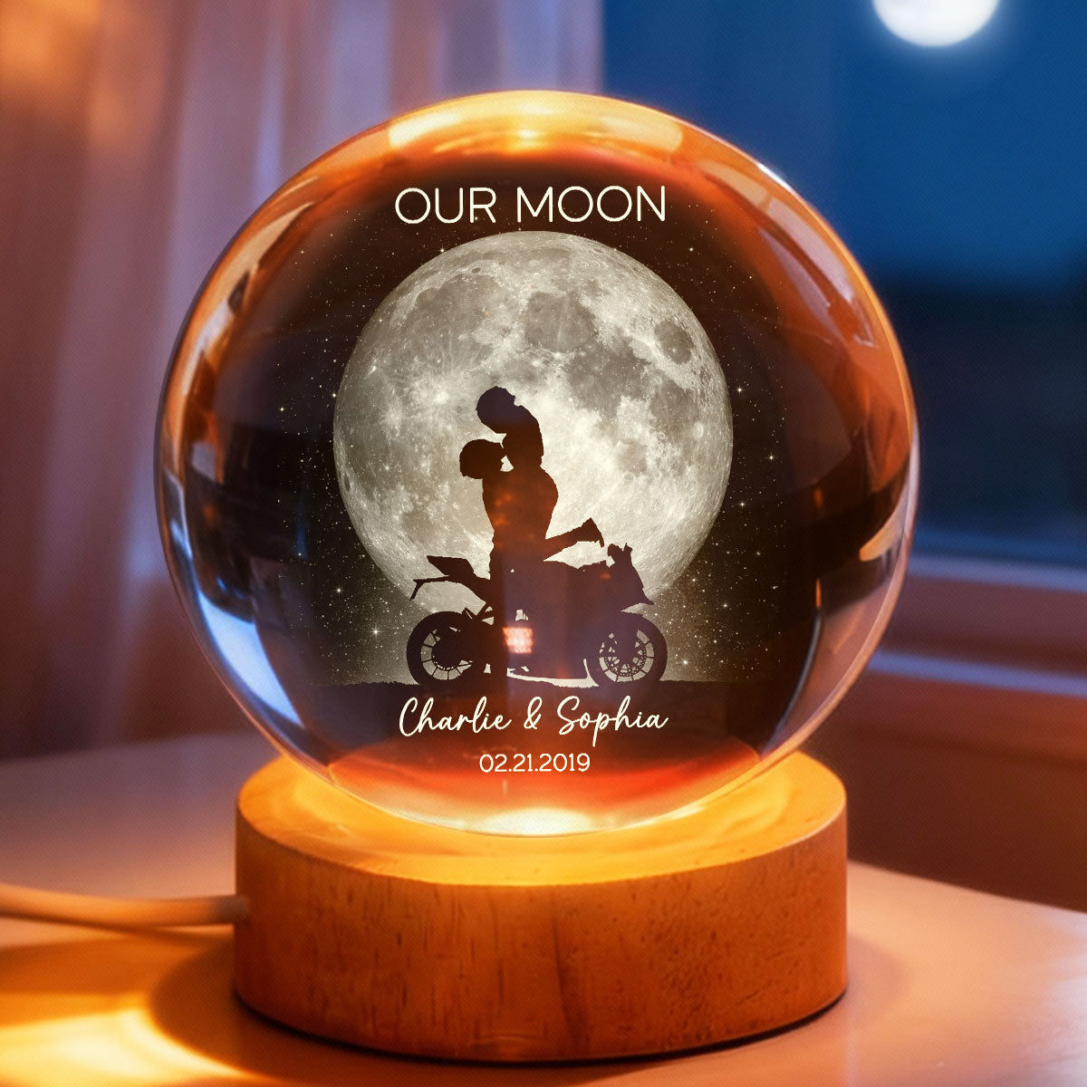 Biker Couple Kissing in the Moonlight, Custom Moon Phase by Date - Personalized Crystal Ball LED Night Light - Heartfelt Valentine's Day Gift for Her, for Him
