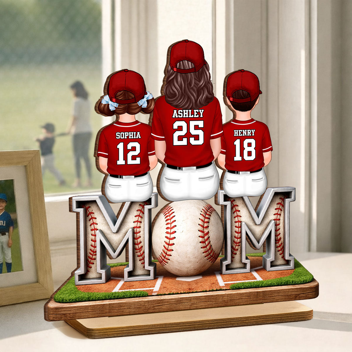 Baseball Mom And Kids Sitting - Personalized 2-Layered Wooden Plaque - Gift For Baseball Mom