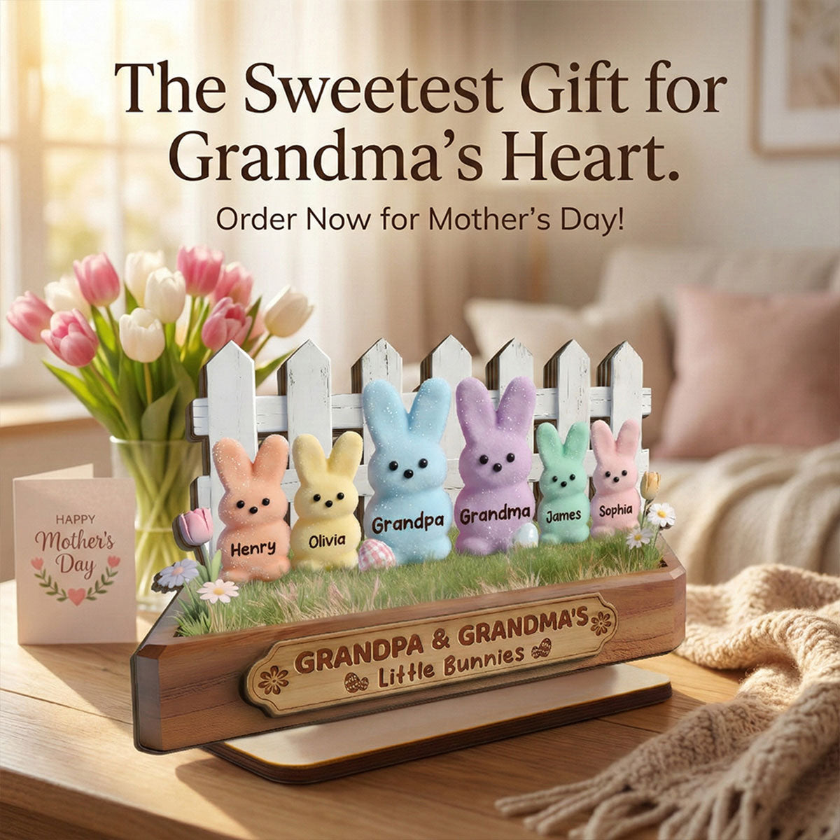 Easter Grandma & Grandpa Little Bunnies - Personalized 2-Layered Wooden Plaque - Gift For Grandparents