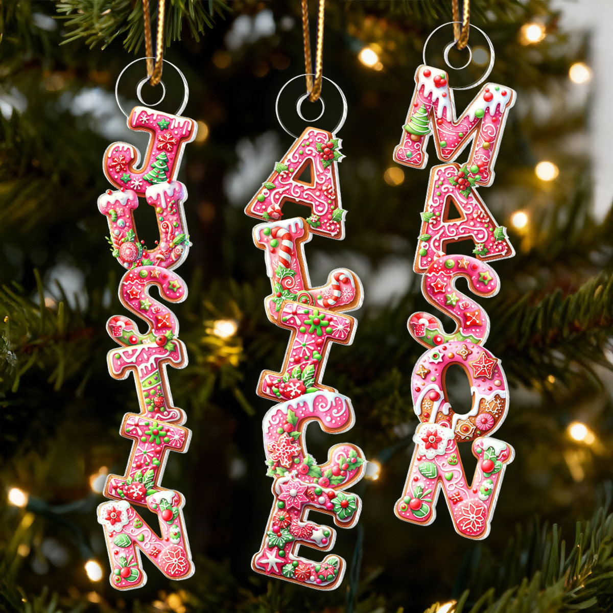 Pink Gingerbread Alphabet Custom Name - Personalized Acrylic Ornament - Christmas Tree Decor