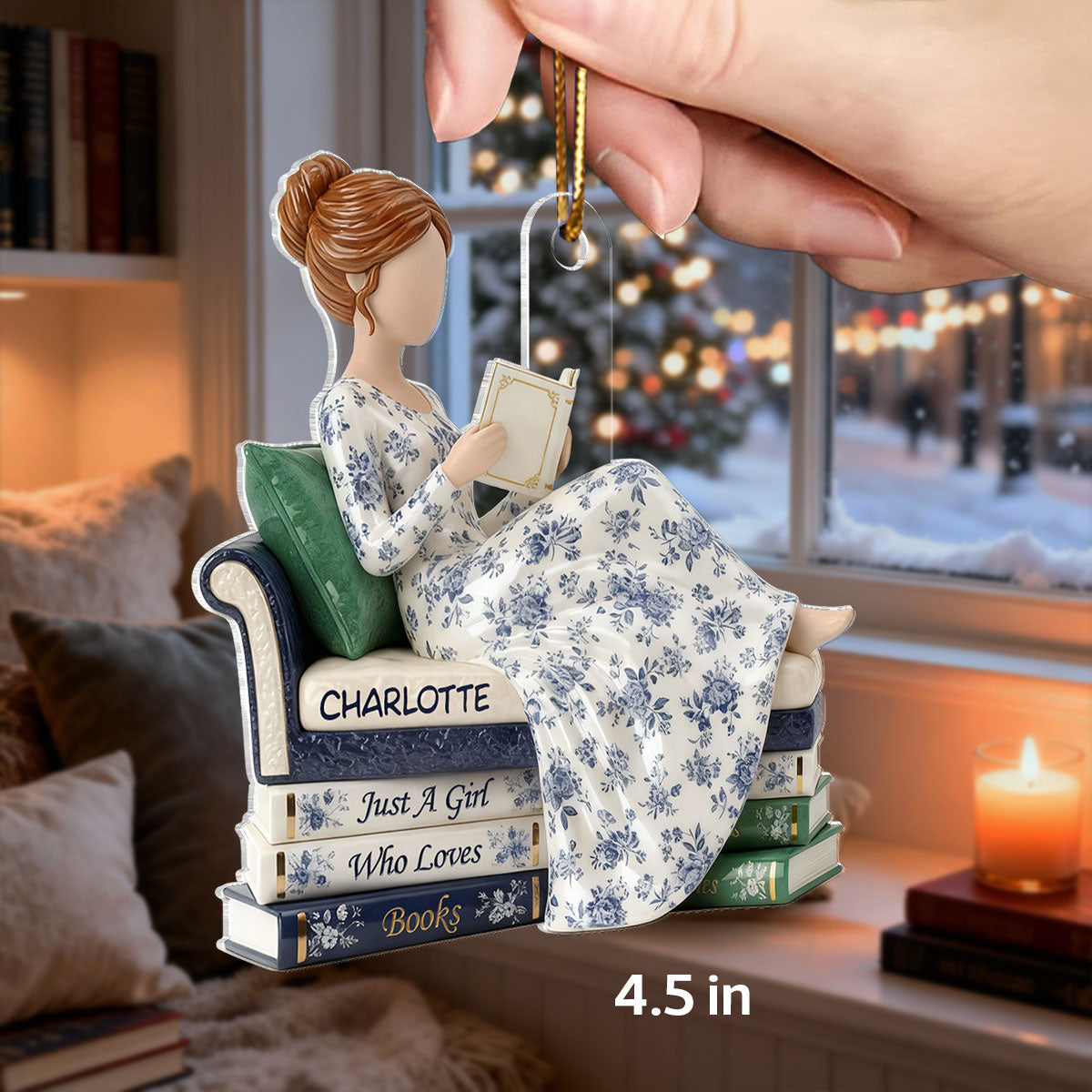 3D Effect Girl Reading Books On Sofa Toile De Jouy Pattern - Personalized Acrylic Ornament - Christmas Gift For Book Lover, Bookworm