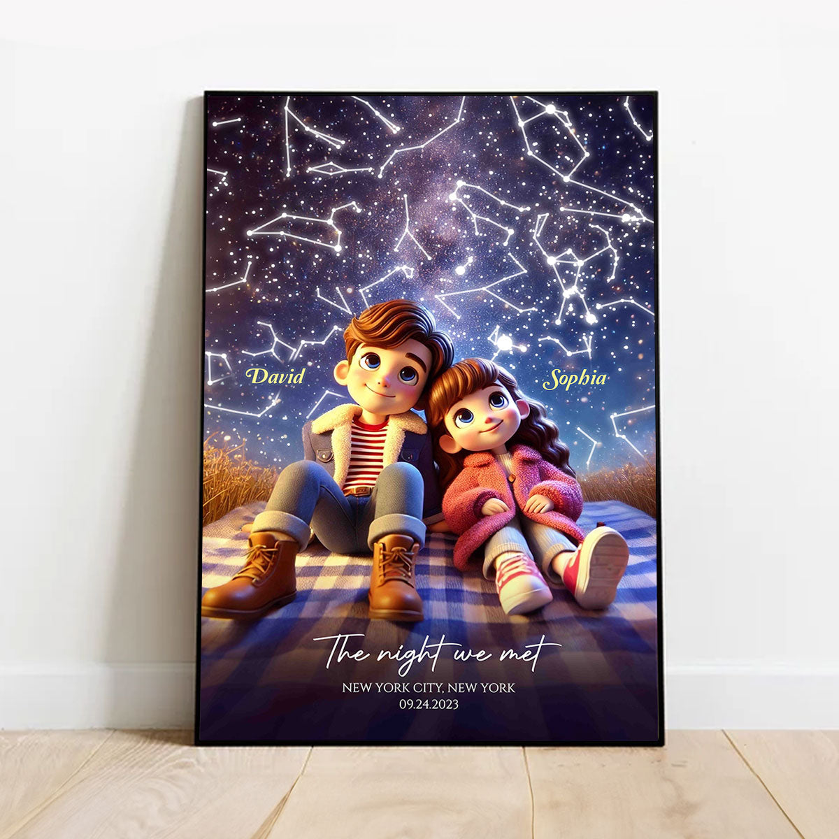 Cartoon Couple Sitting Under the Starry Night Personalized Poster, Custom Star Map by Date & Location, Anniversary, Birthday Gift for him, Gift for her