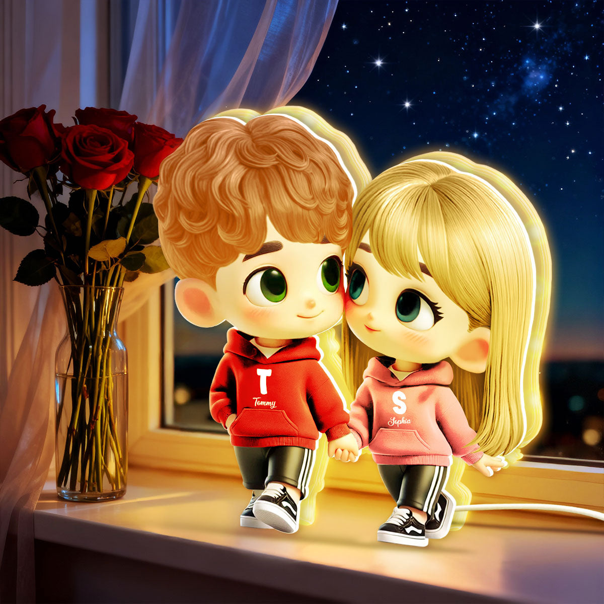 3D Effect Cute Cartoon Couple Holding Hands - Personalized Light Box - Gift for Him, Gift for Her