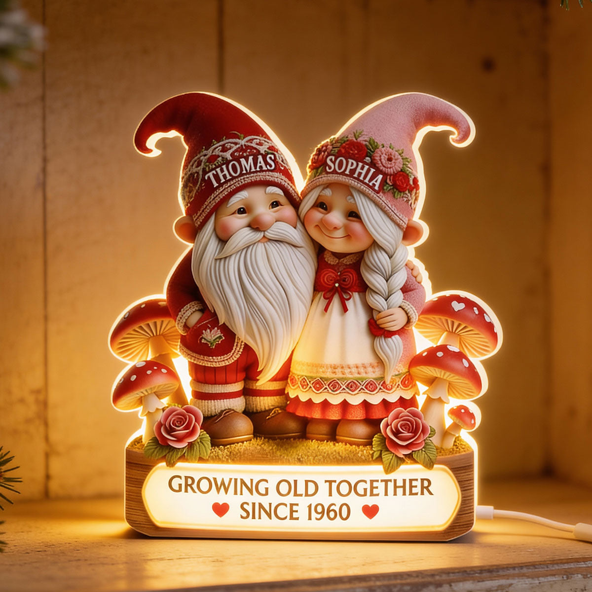 3D Effect Gnome Couple Growing Old Together - Personalized Light Box - Heartfelt Valentine's Day Gift, Anniversary Gift For Couple, For Him, For Her