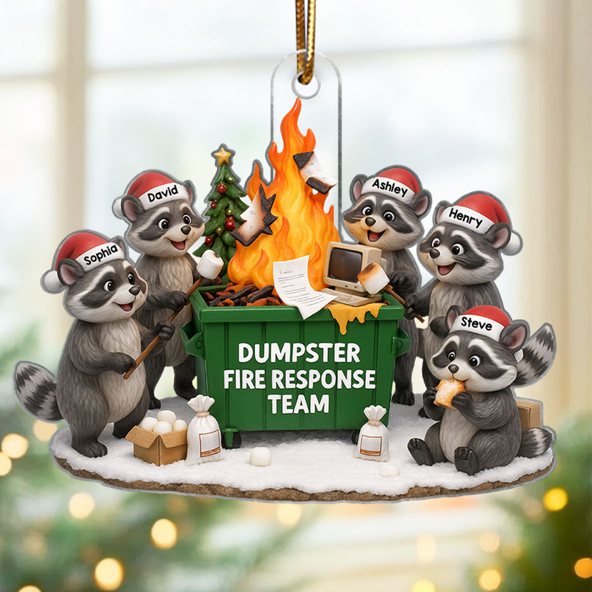 Funny Raccoon Dumpster on Fire Response Team - Personalized Acrylic Ornament - Funny Holiday Gift for Coworkers