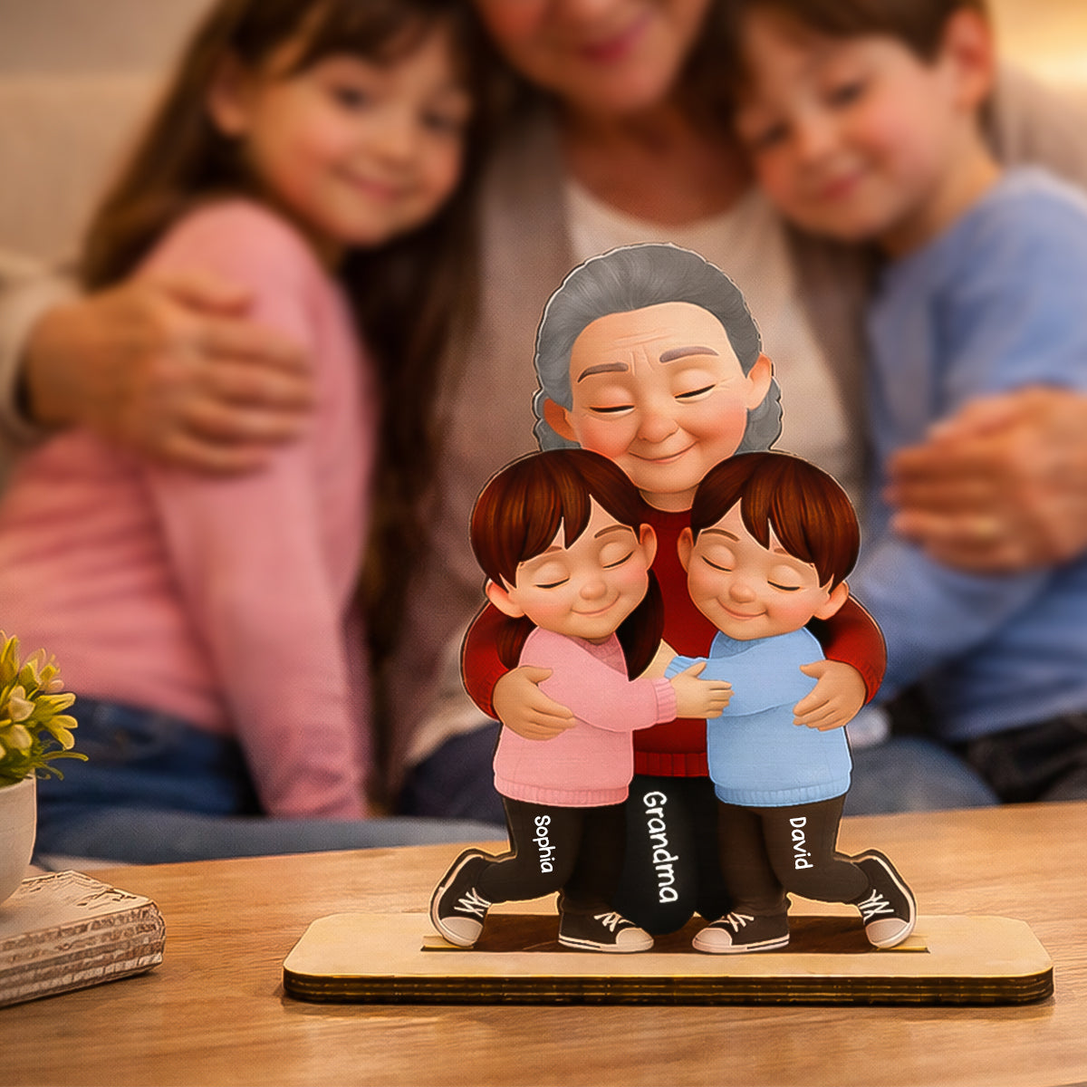 Grandma Hugging Grandkids - Personalized 2-Layered Wooden Plaque - Heartfelt Gift for Grandma