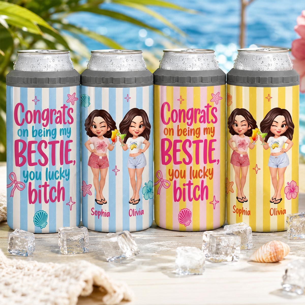 Congrats On Being My Bestie Stripe Style - Personalized Can Cooler - Summer