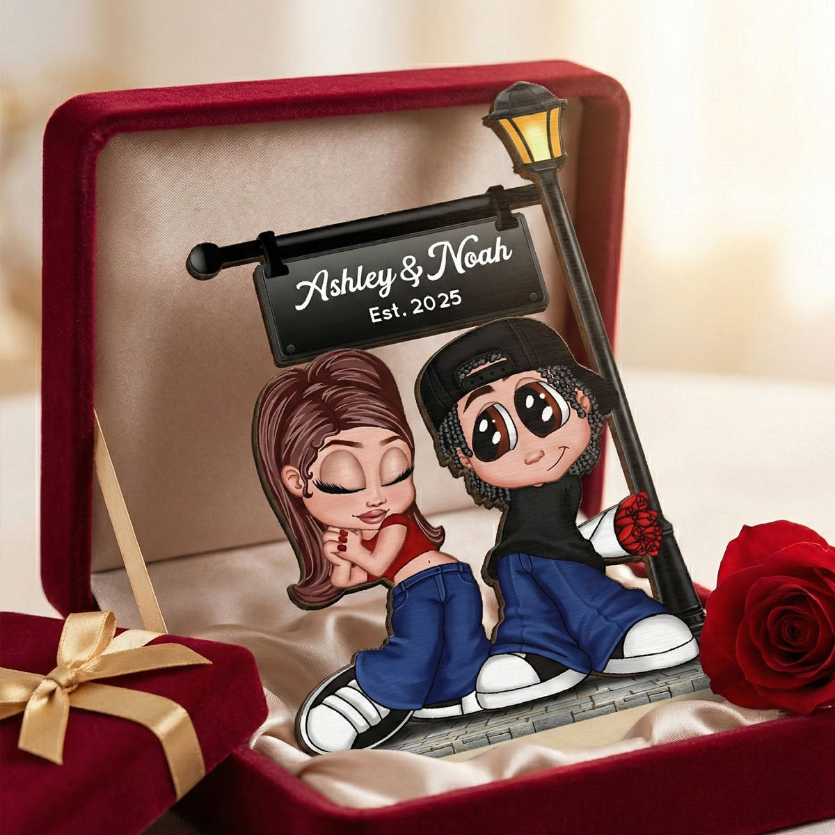 Eternal Love Y2K Couple Under Street Lamp Post - Personalized 2-Layer Wooden Plaque - Gift For Couple, Gift For Him, For Her