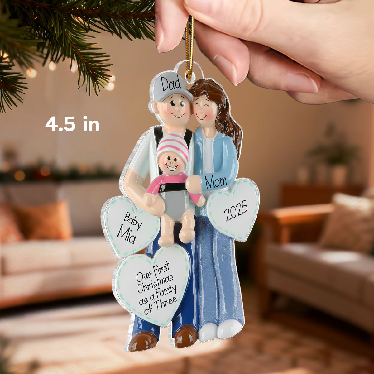 3D Effect First Christmas As Family Of Three Mom Dad & Baby On Carrier - Personalized Acrylic Ornament