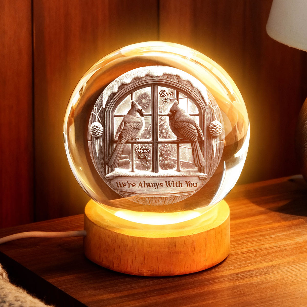 Memorial Cardinal Outside Window - Personalized Crystal Ball LED Night Light - Memorial Sympathy Gift