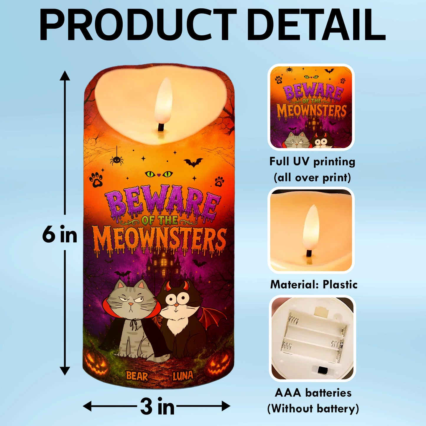 Beware Of The Meownsters - Personalized LED Candle - Purrfect Halloween Decor for Cat Lover