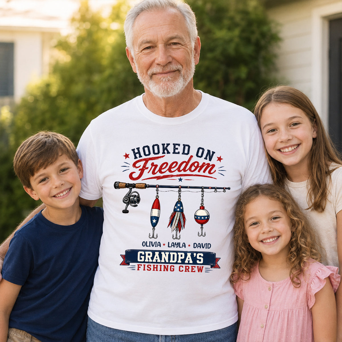 Fishing Grandpa Hooked on Freedom - Personalized Shirt - 250th Anniversary Patriot Shirt