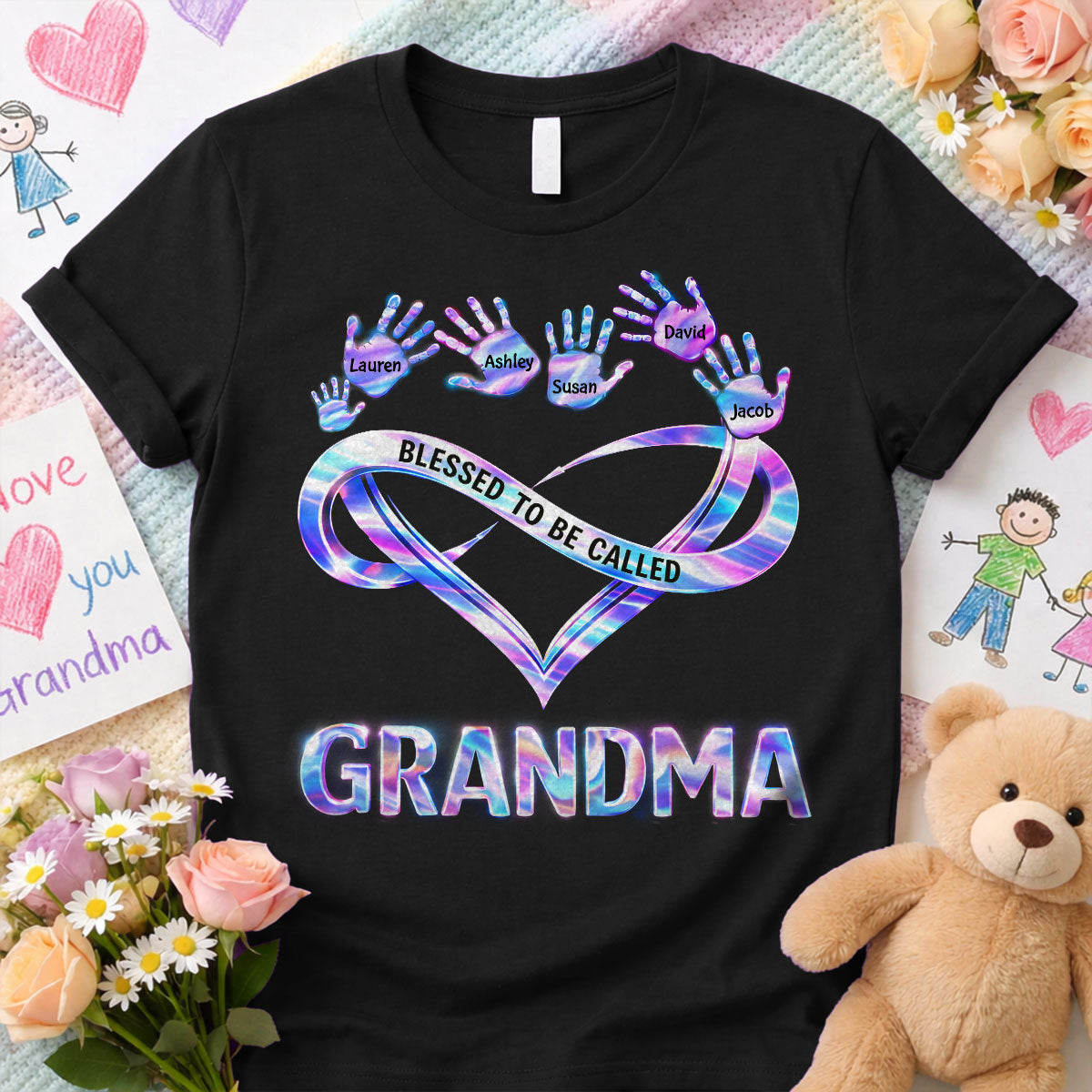 Blessed to be Called Grandma Mom with Kids' Handprint - Personalized Shirt - Sentimental Gift for Grandma, Mom