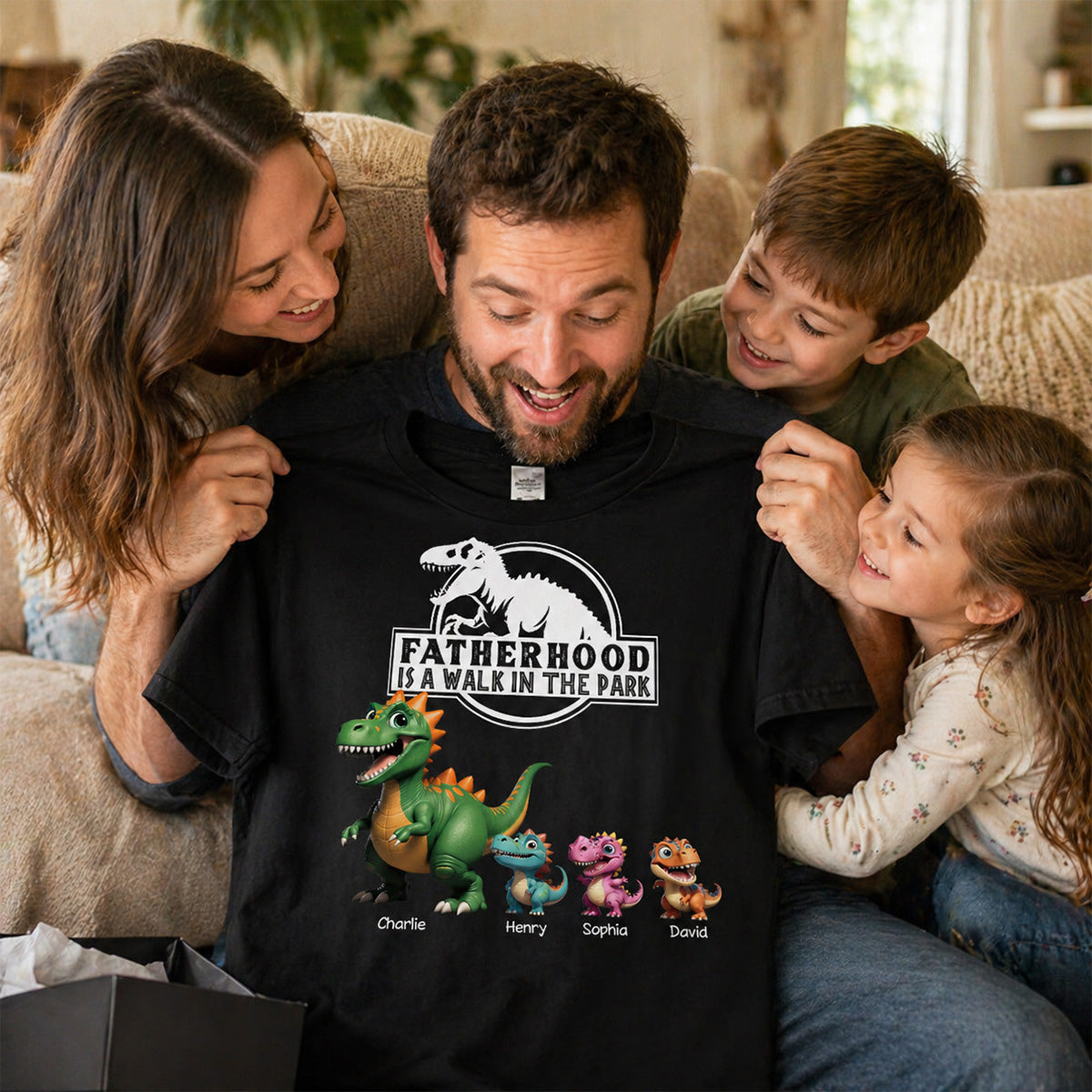 Fatherhood Is A Walk In The Park Cartoon Dinosaurs - Personalized Shirt - Father's Day Gift For Husband, Dad