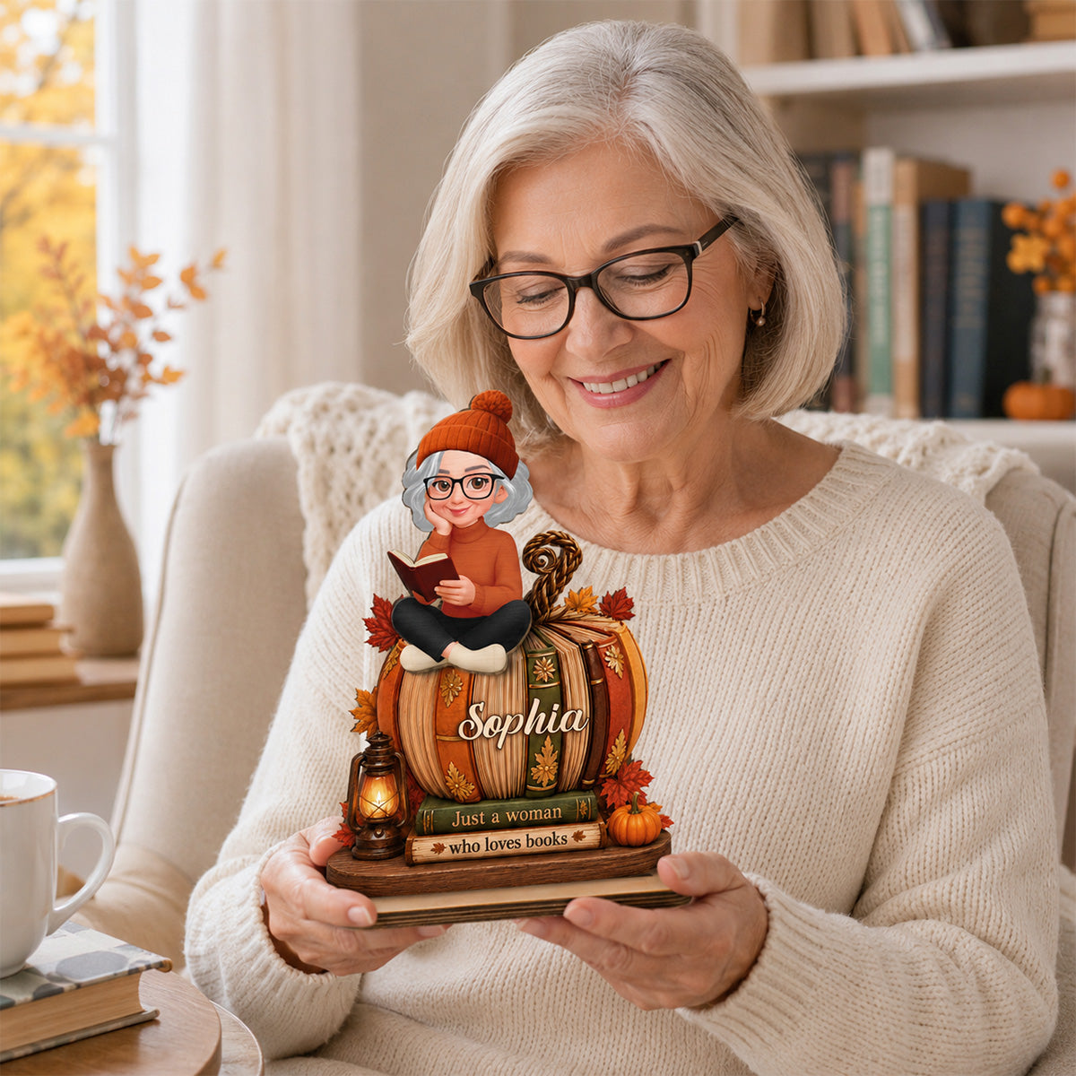 Girl Reading Book On Fall Book Pumpkin 2D Flat - Personalized 2-Layered Wooden Plaque - Fall Season Decor For Book Lover