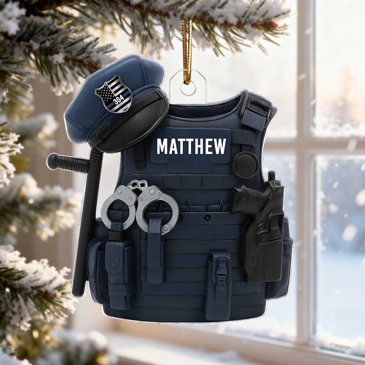 3D Effect Police Bulletproof Vest & Hat - Personalized Acrylic Ornament - Christmas Gift For Police