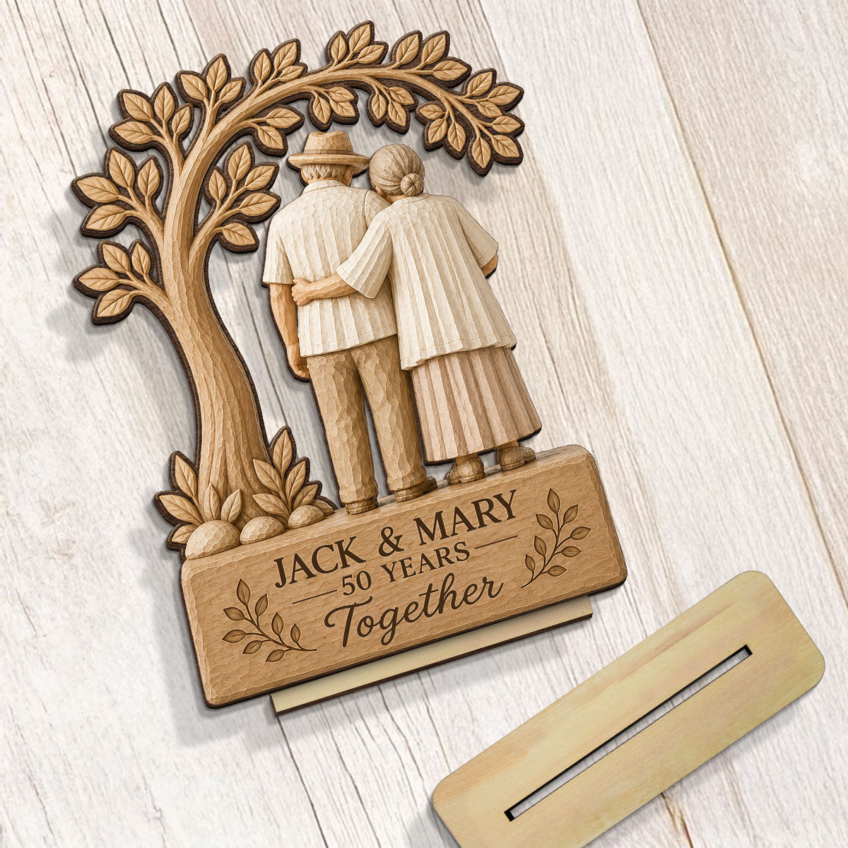 Rustic Old Couple Walking Anniversary Gift - Personalized 2-Layered Wooden Plaque - Wedding Year Decor