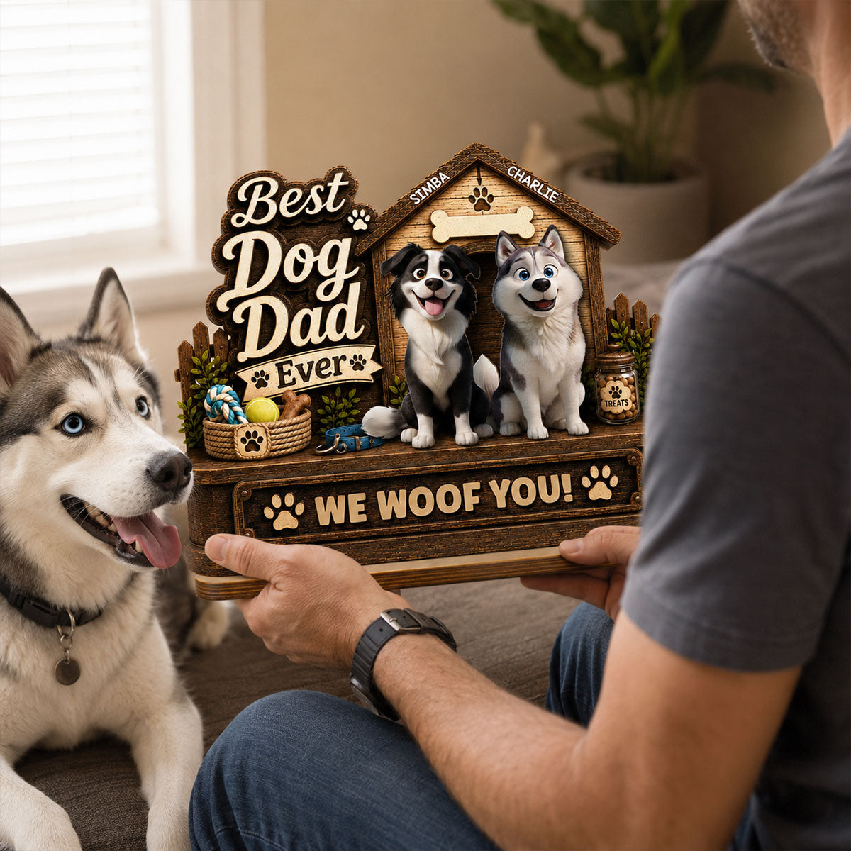 Best Dog Dad Ever Cute Dogs 2D Flat - Personalized 2-Layered Wooden Plaque -  Gift For Dog Dad