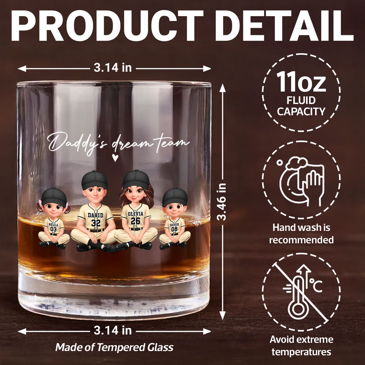 Daddy's Dream Team Baseball - Personalized Whiskey Glass - Father's Day Gift For Dad