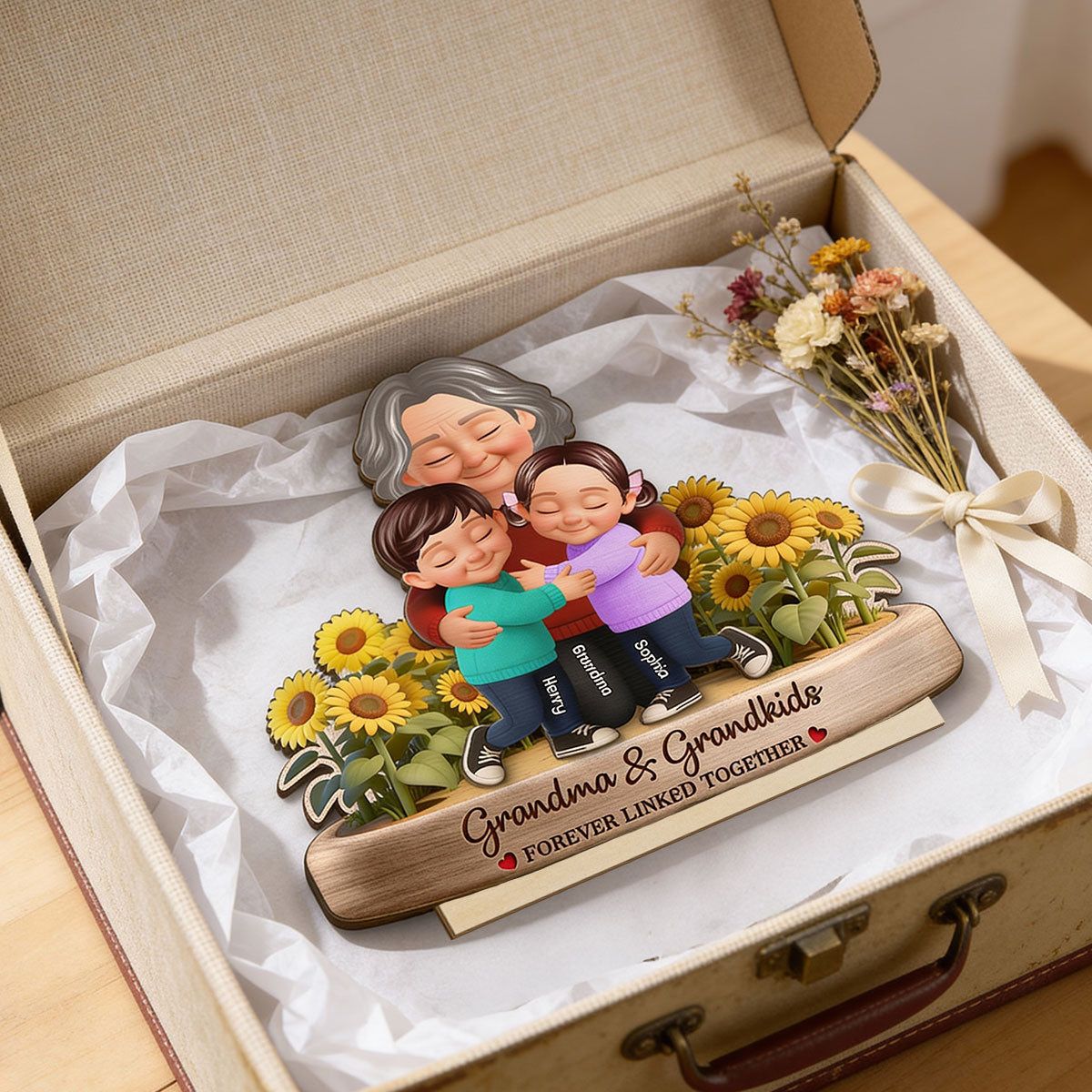 Grandma And Grandkids Forever Linked Together Sunflower Field - Personalized 2-Layered Wooden Plaque - Gift For Grandma