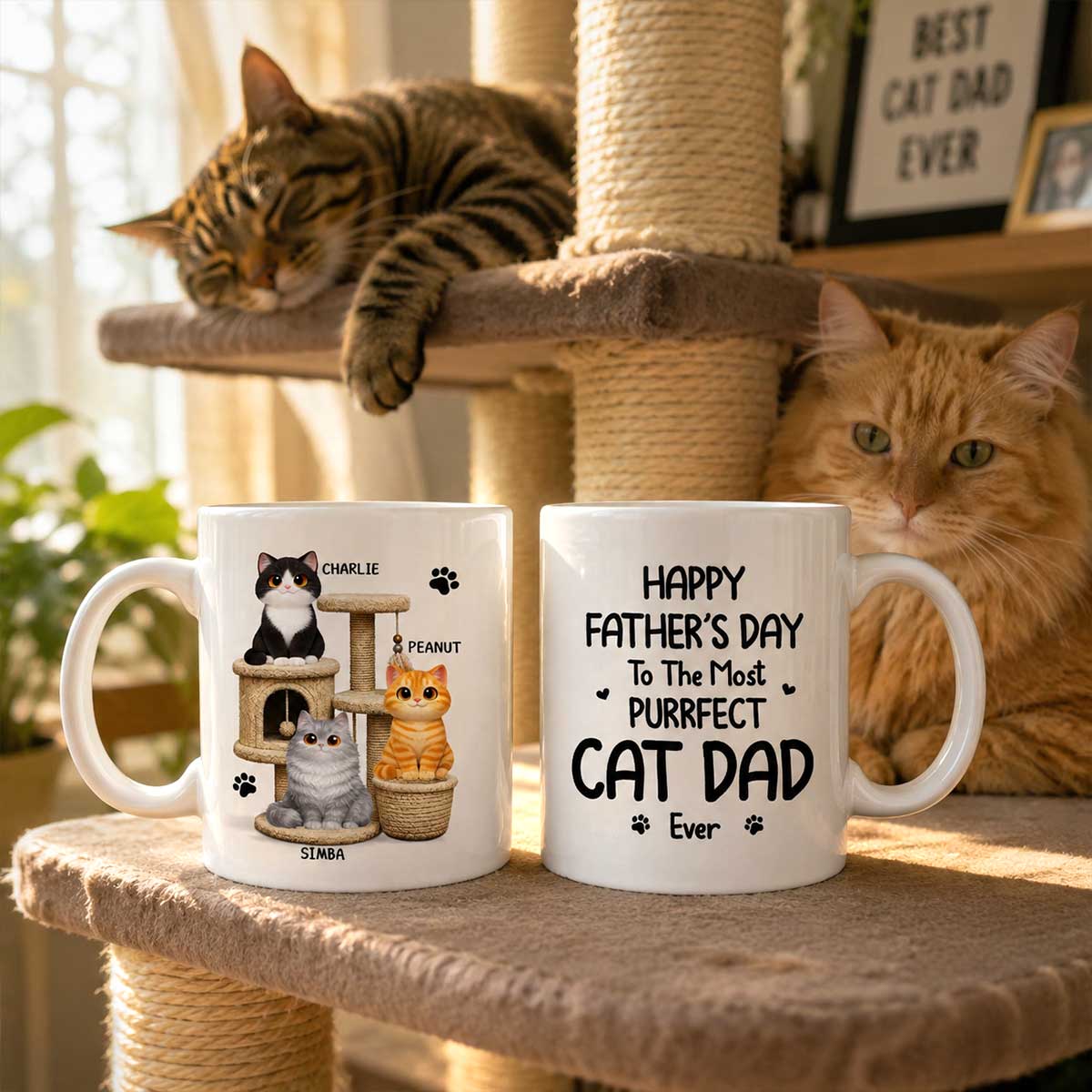 Happy Father's Day To The Most Purrfect Cat Dad Cute Cats On Cat Tree - Personalized Mug - Father's Day Gift For Cat Dad