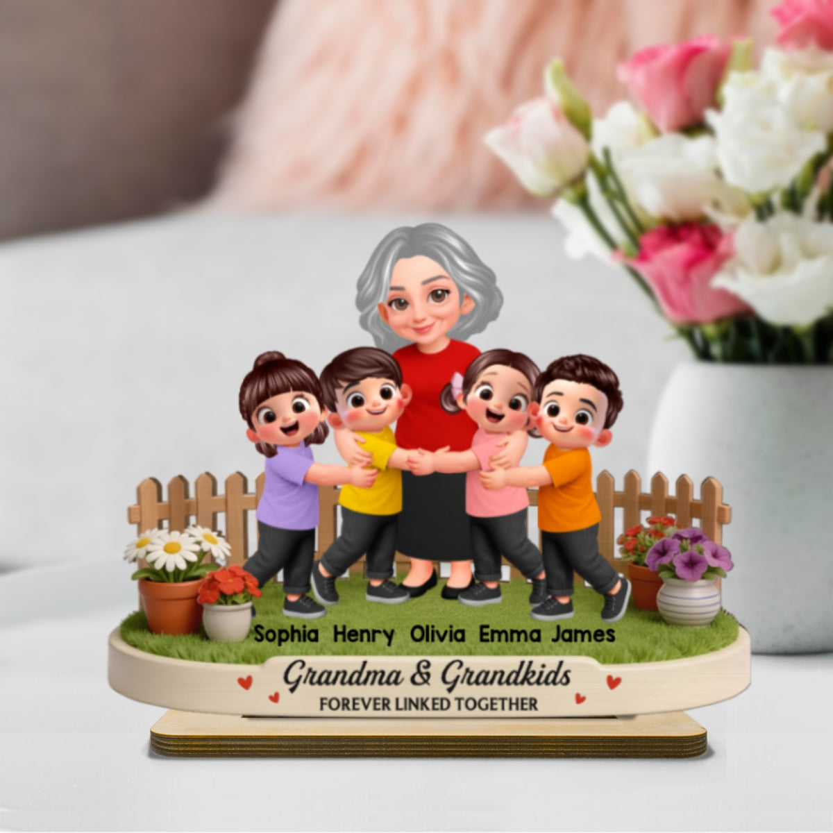 Grandma And Grandkids Happy Together In Backyard - Personalized 2-Layered Wooden Plaque - Gift For Grandma