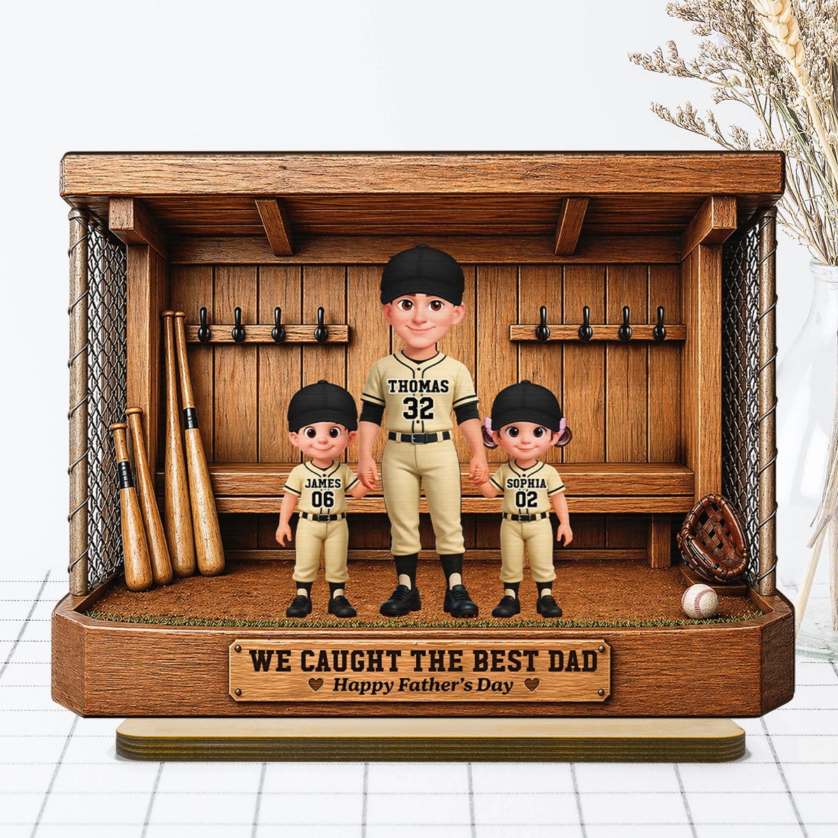 Baseball Dugout Dad And Kids We Caught The Best Dad - Personalized 2-Layered Wooden Plaque -  Gift For Dad