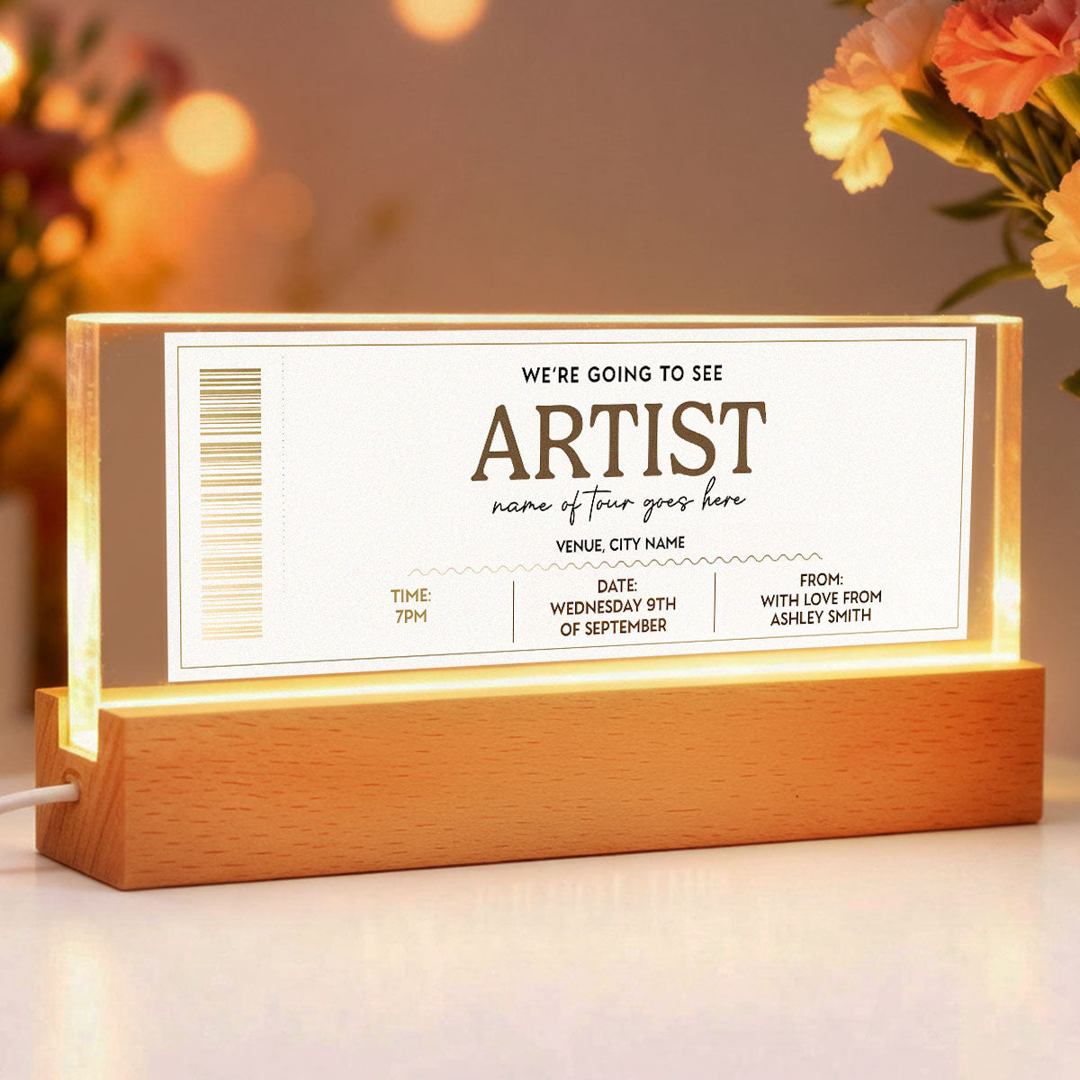 Custom Concert Ticket - Personalized Acrylic Block LED Night Light - Surprise Valentine's Day Gift for her, for him