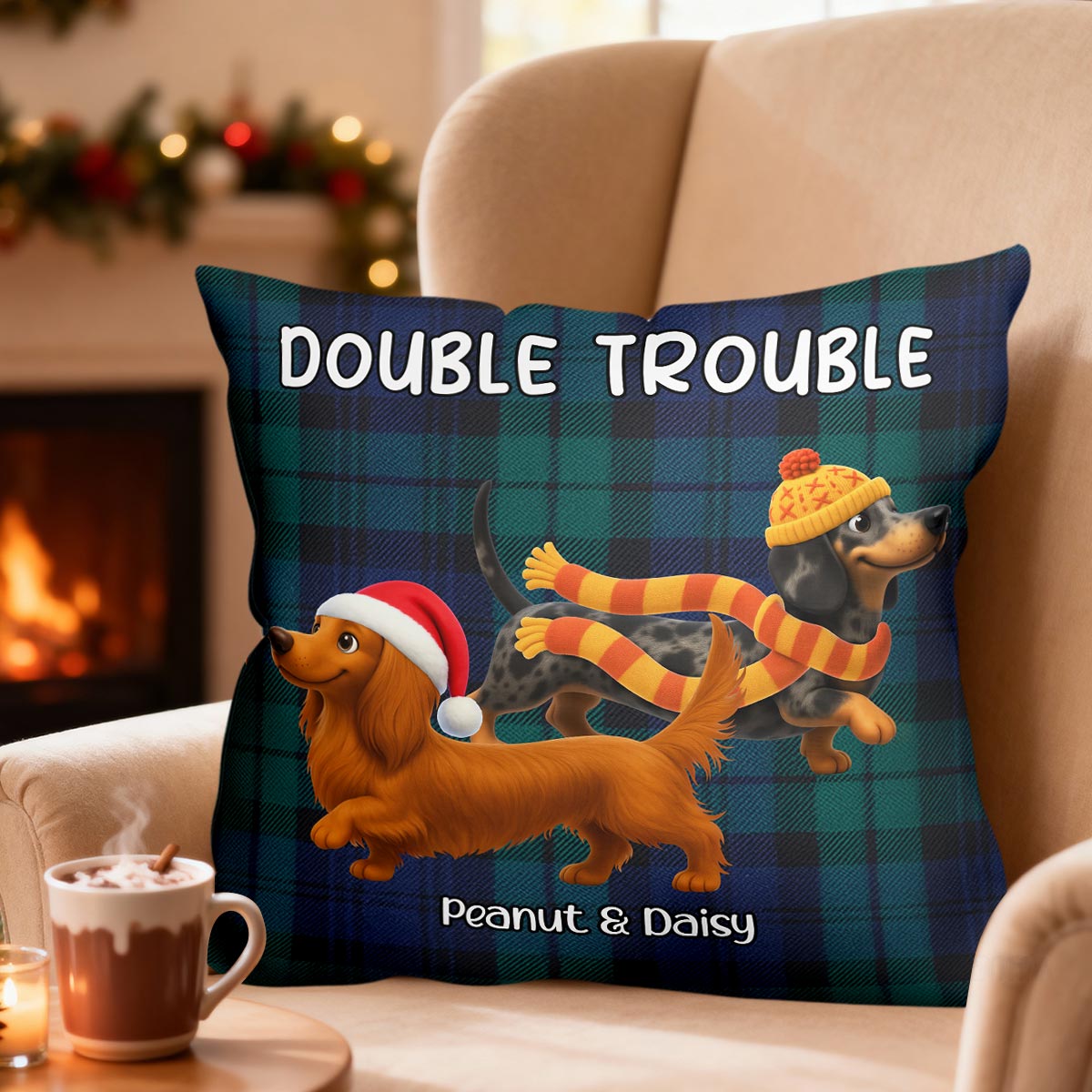 Christmas Dachshunds Double Trouble - Personalized Pillow - Gift For Dachshund Lovers