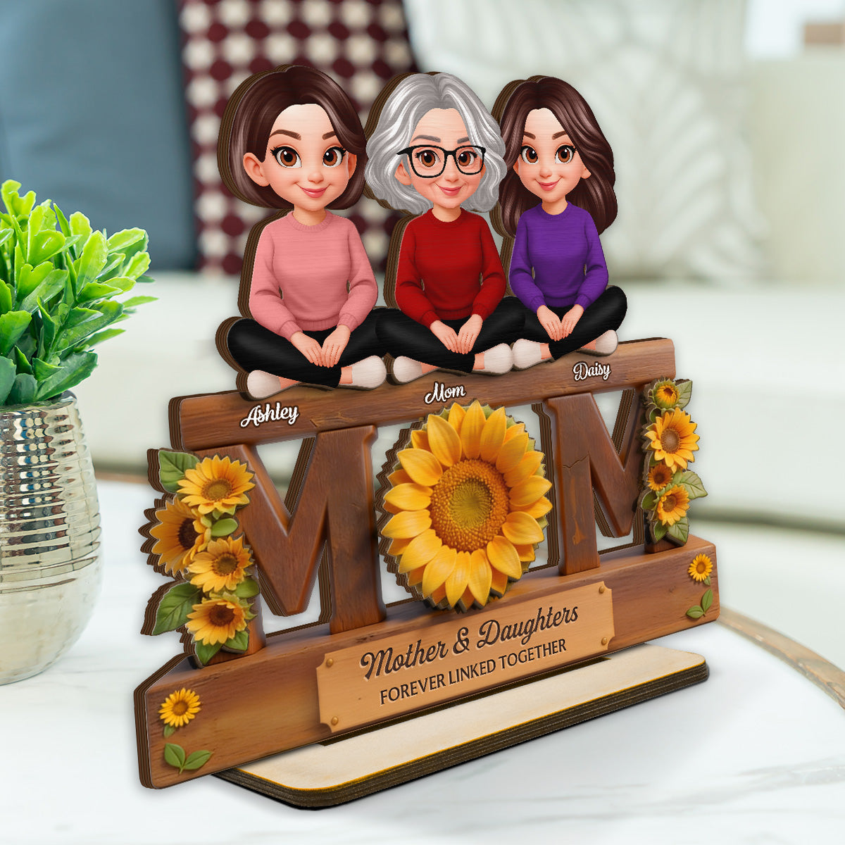Beautiful Sunflower You Are My Sunshine MOM And Daughters Sons - Personalized 2-Layered Wooden Plaque - Gift For Mom