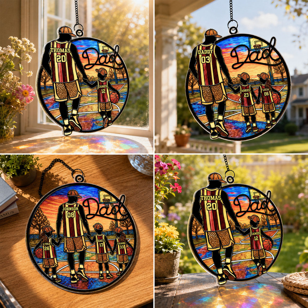Basketball Dad & Kids 2D Flat - Personalized Suncatcher Ornament - Father's Day Gift For Basketball Dad