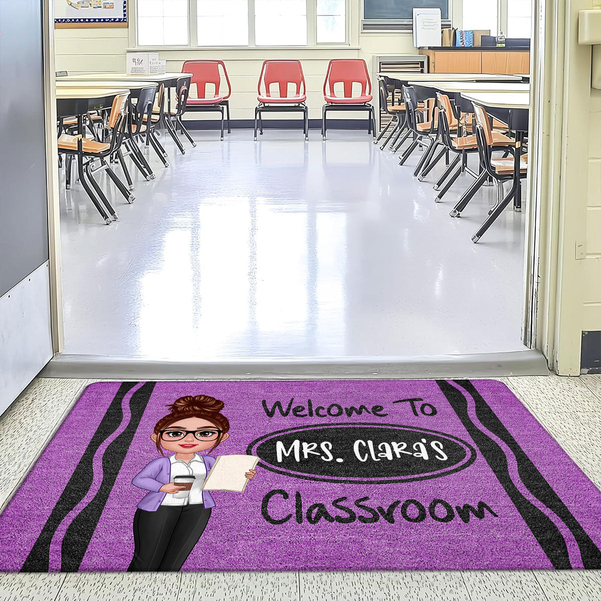 Male Female Teacher Crayon Pattern Welcome To Classroom Personalized Doormat| Back To School Gift, Classroom Decoration