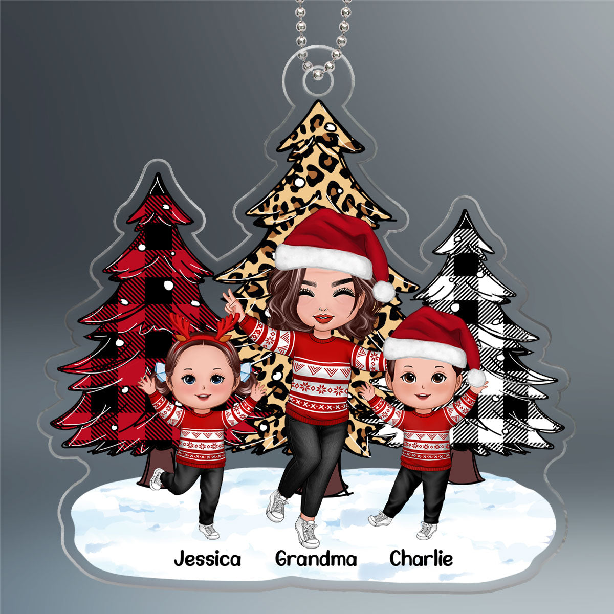 Leopard Checkered Pattern Christmas Tree Happy Grandma Grandkids Personalized Acrylic Ornament