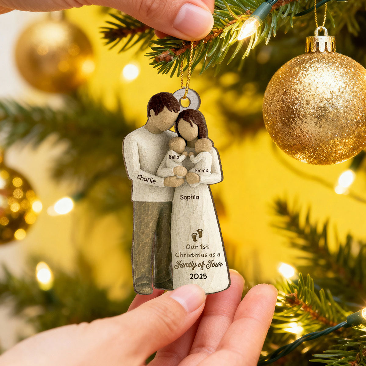 3D Effect First Christmas As Family Of Four Mom Dad & Twin Babies - Personalized Wooden Ornament