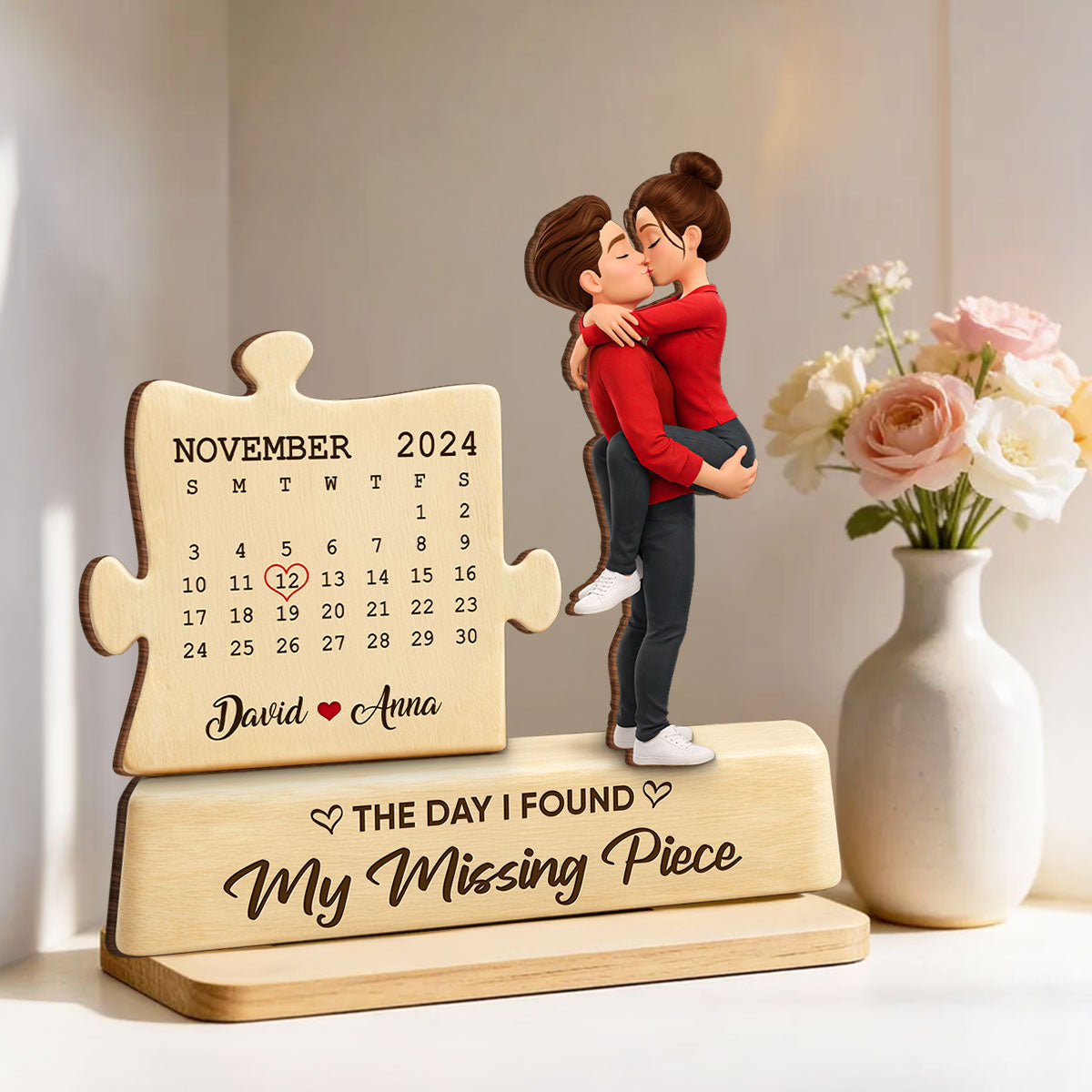 The Missing Piece Couple Kissing - Personalized 2-Layered Wooden Plaque - Anniversary, Valentine's Day Gift, Gift For Him, Gift For Her
