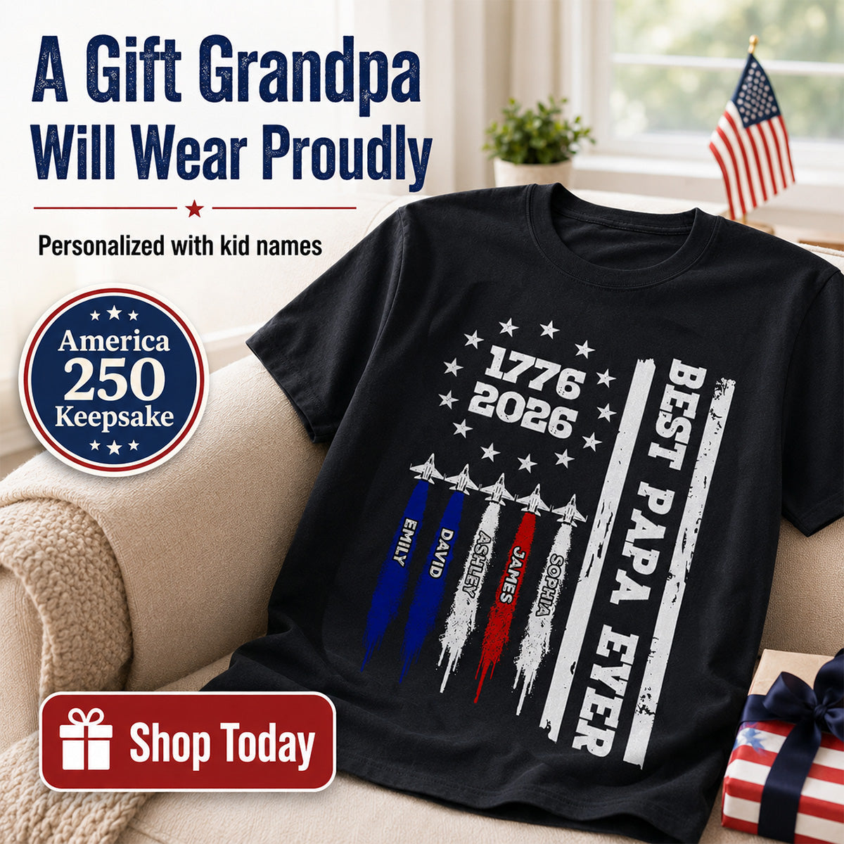 Best Dad Grandpa Ever Jets Smoke Custom Kid Name - Personalized Shirt - American 250th Anniversary Keepsake For Husband, Dad, Grandpa