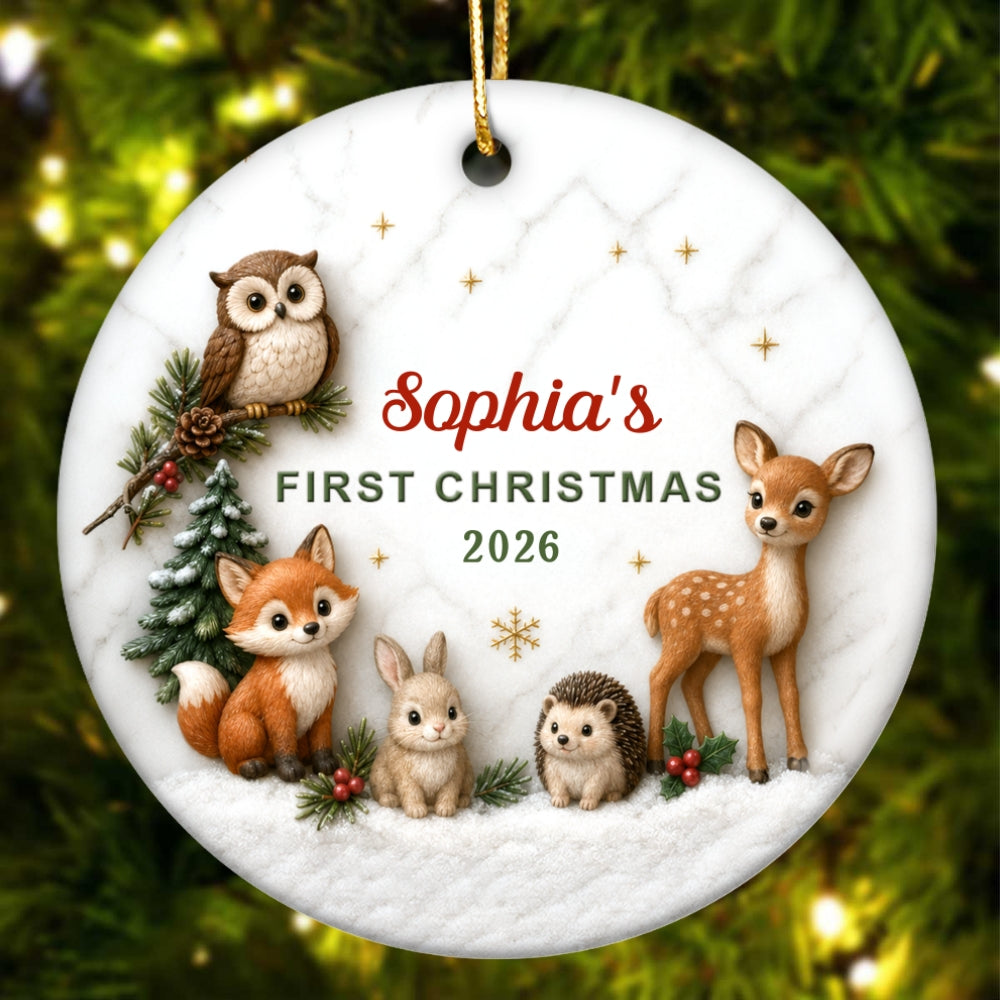 Baby First Christmas Woodland Animals 2D Flat - Personalized Ceramic Ornament - Christmas Keepsake