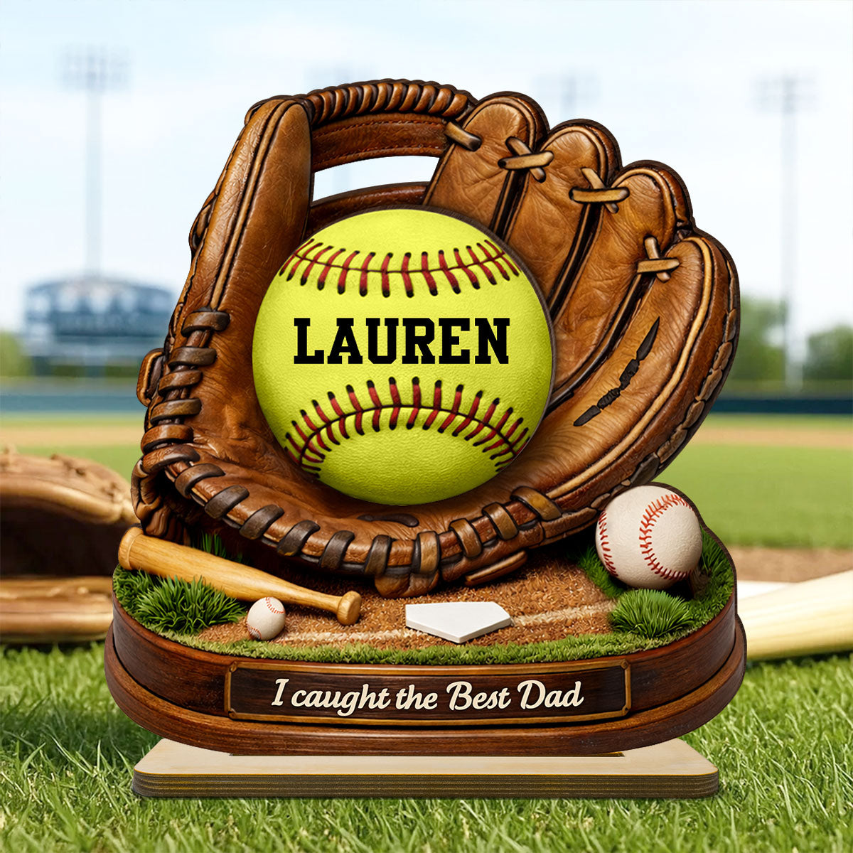 We Caught the Best Dad Baseball Softball - Personalized 2-Layered Wooden Plaque - Heartfelt Gift for Dad