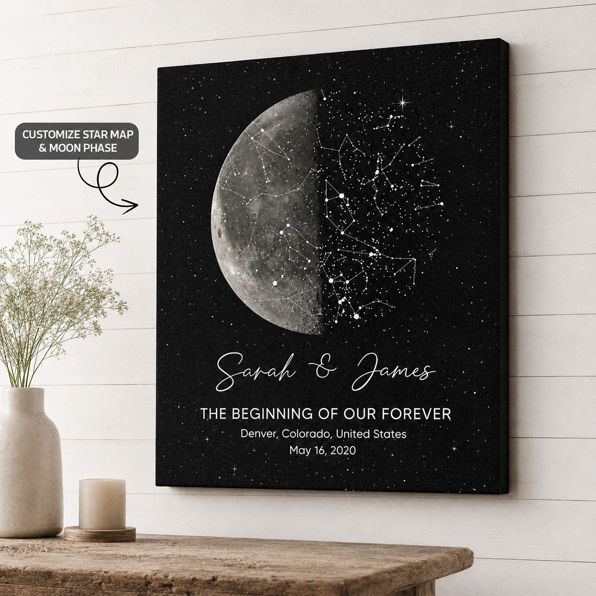 The Night It All Began Custom Moon Phase & Star Map - Personalized Canvas - Gift For Couple