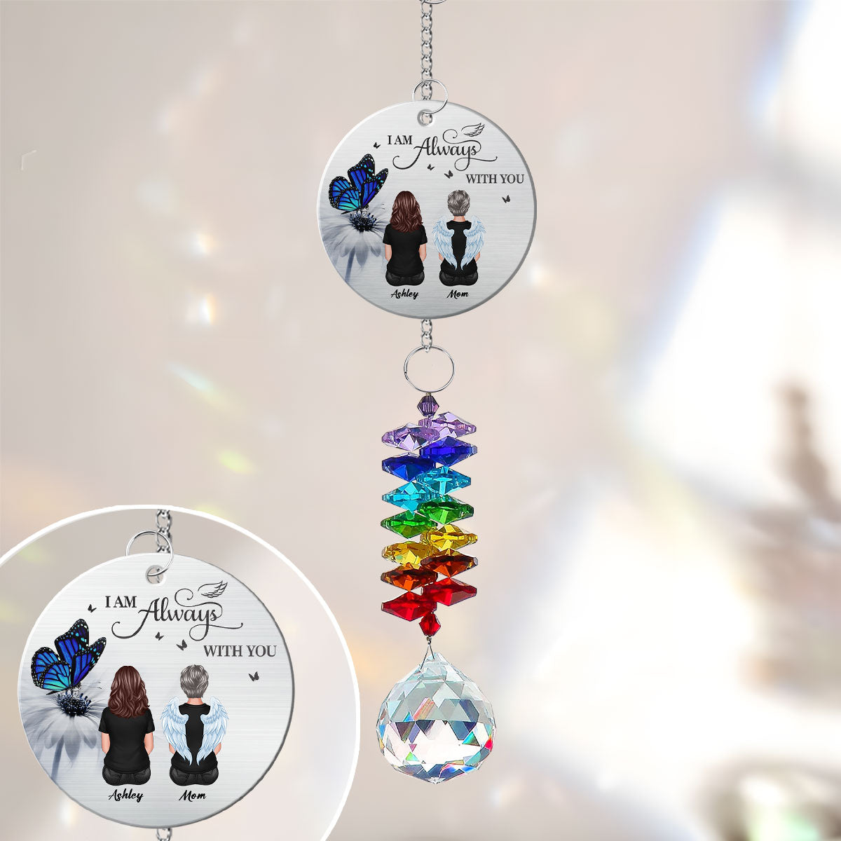 Butterfly Family Memorial I Am Always With You Personalized Crystal Suncatcher With Aluminum Charm
