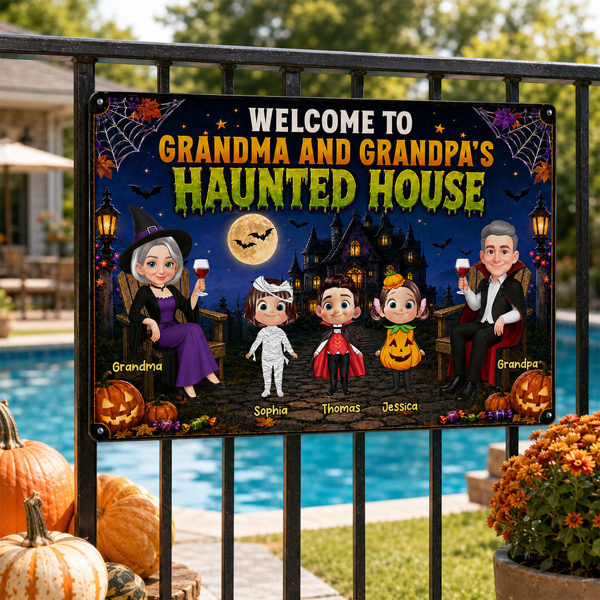 Whimsical Grandma & Grandpa's Haunted House With Grandkids - Personalized Metal Sign - Halloween Decoration For Grandparents